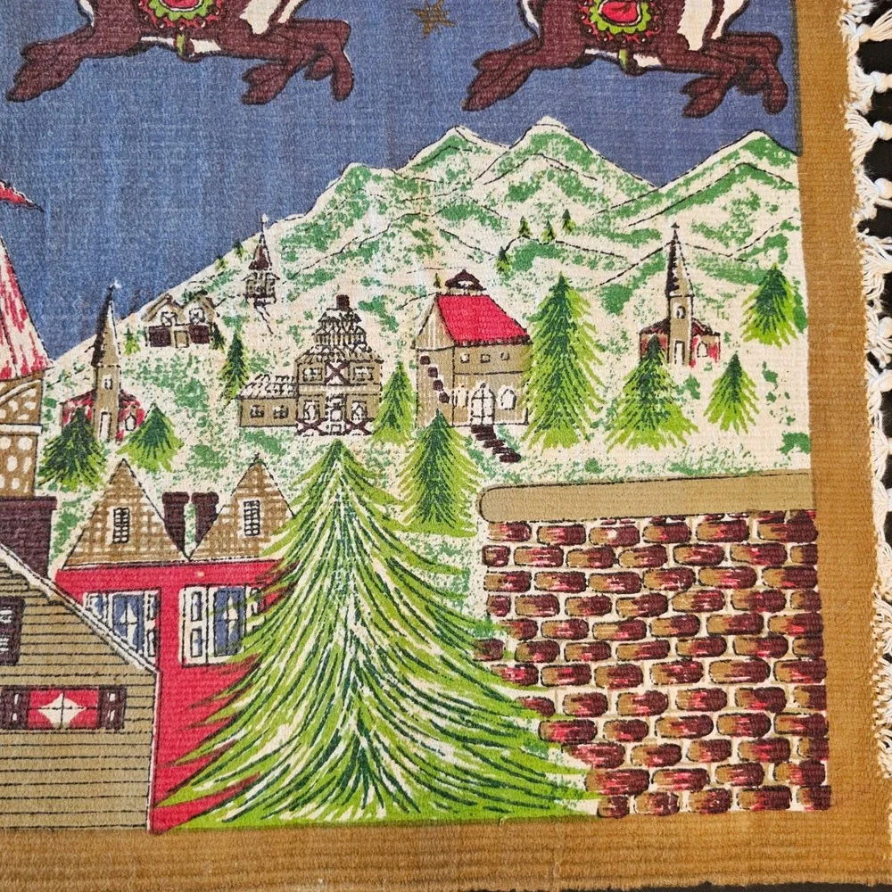 Vintage 1994 Hayim Co Santa's Sleigh Woven Cotton Rug 22x42 Fringed Christmas